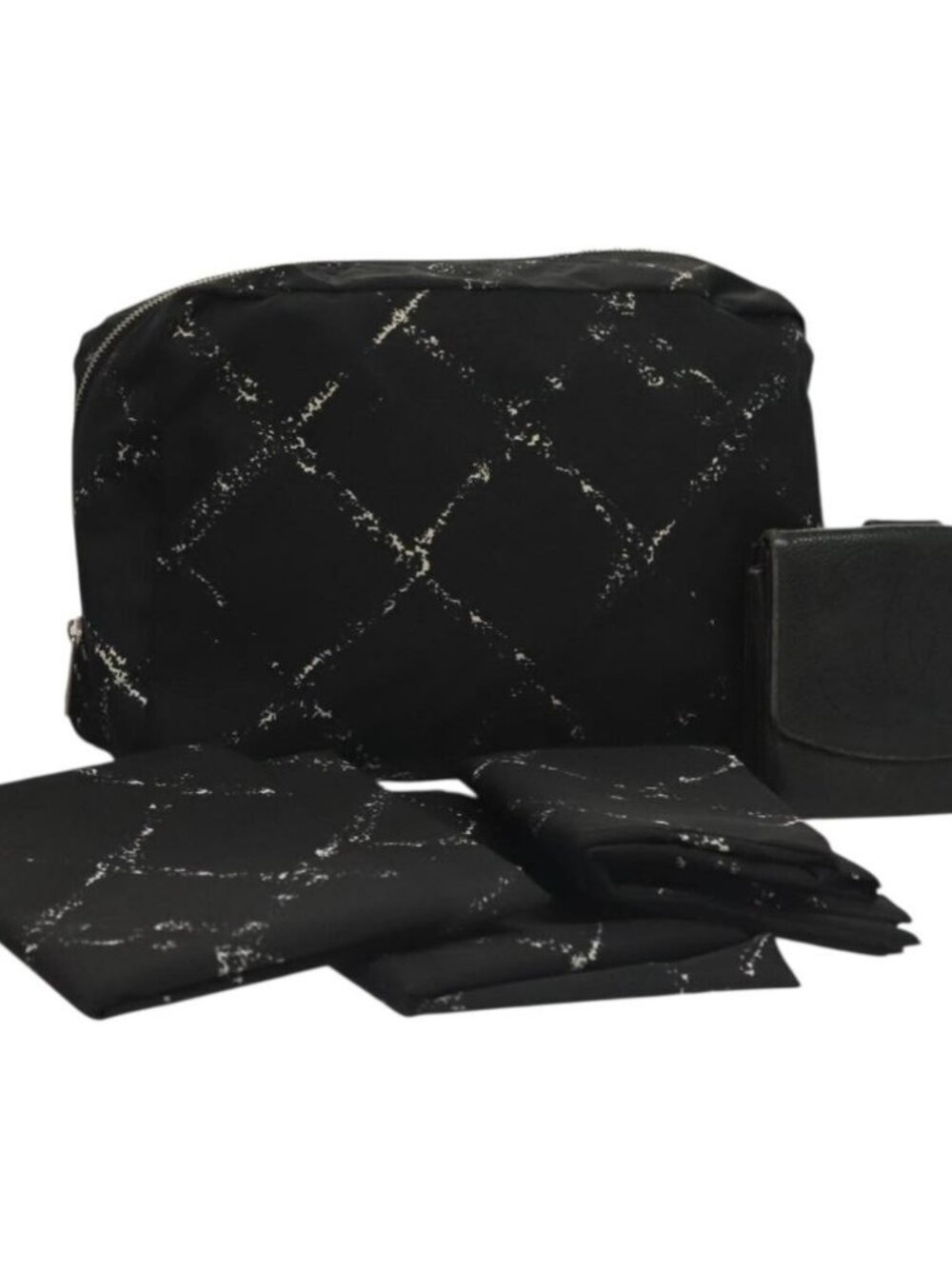 CHANEL Pouch Nylon Grained Calf Skin 2 Set Black Silver CC Auth bs28342
